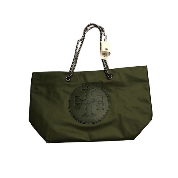 Tory Burch Ella Logo Chain Recycled Nylon Tote Shopper In Olive Green New - Picture 1 of 4